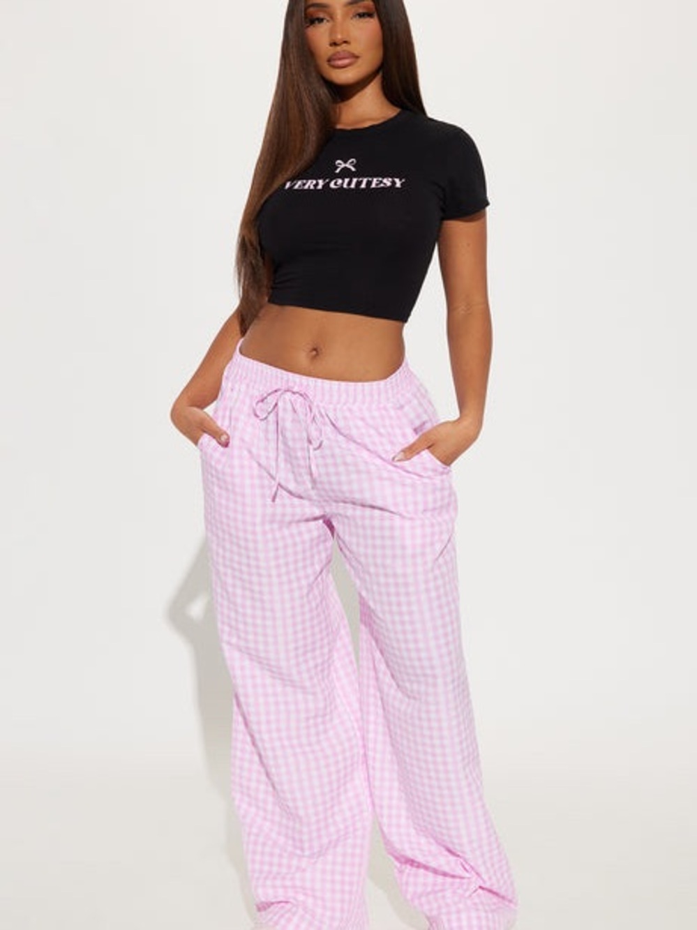 Fashion Nova Pink Gingham Wide-Leg Pants